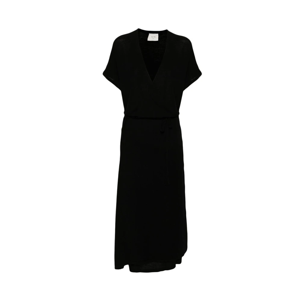 Alysi Zwarte Wol Wrap Midi Jurk Black Dames