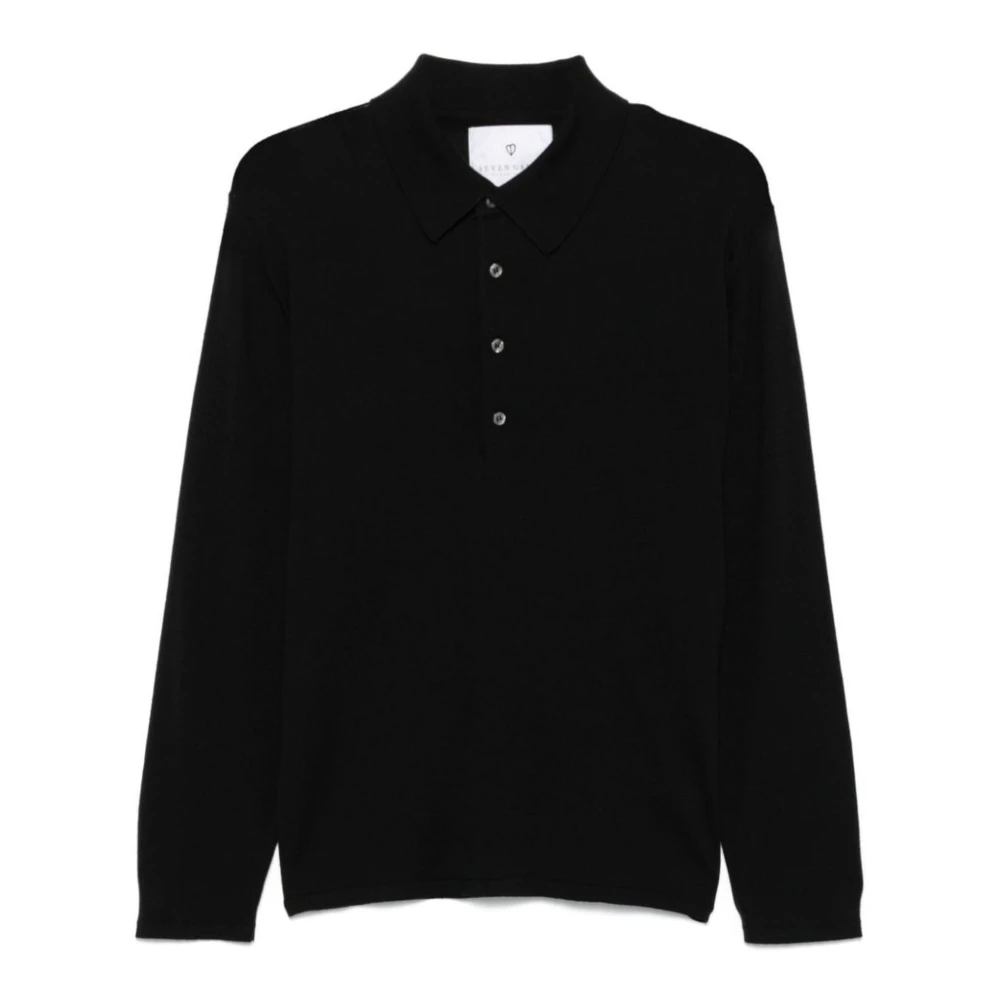 Seven Gauge Geribbelde Polo Shirt Zwart Zijde Wol Black Heren
