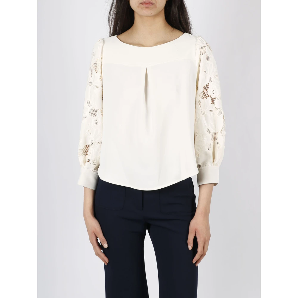 See by Chloé T-Shirt met Bloemenkanten Mouwen Beige Dames
