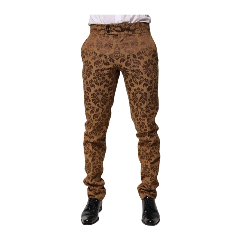Dolce & Gabbana Men's Brown Floral Jacquard Skinny Trousers With Logo Details