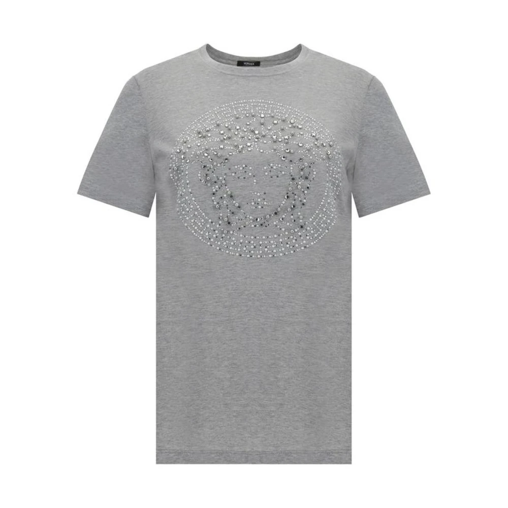 Versace Katoenen T-shirt met glanzend juweeldetail Gray Dames