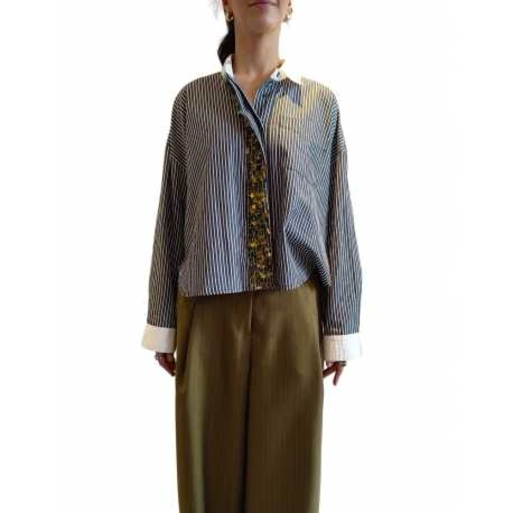 Essentiel Antwerp Gestreept katoenen shirt met parels Blue Dames