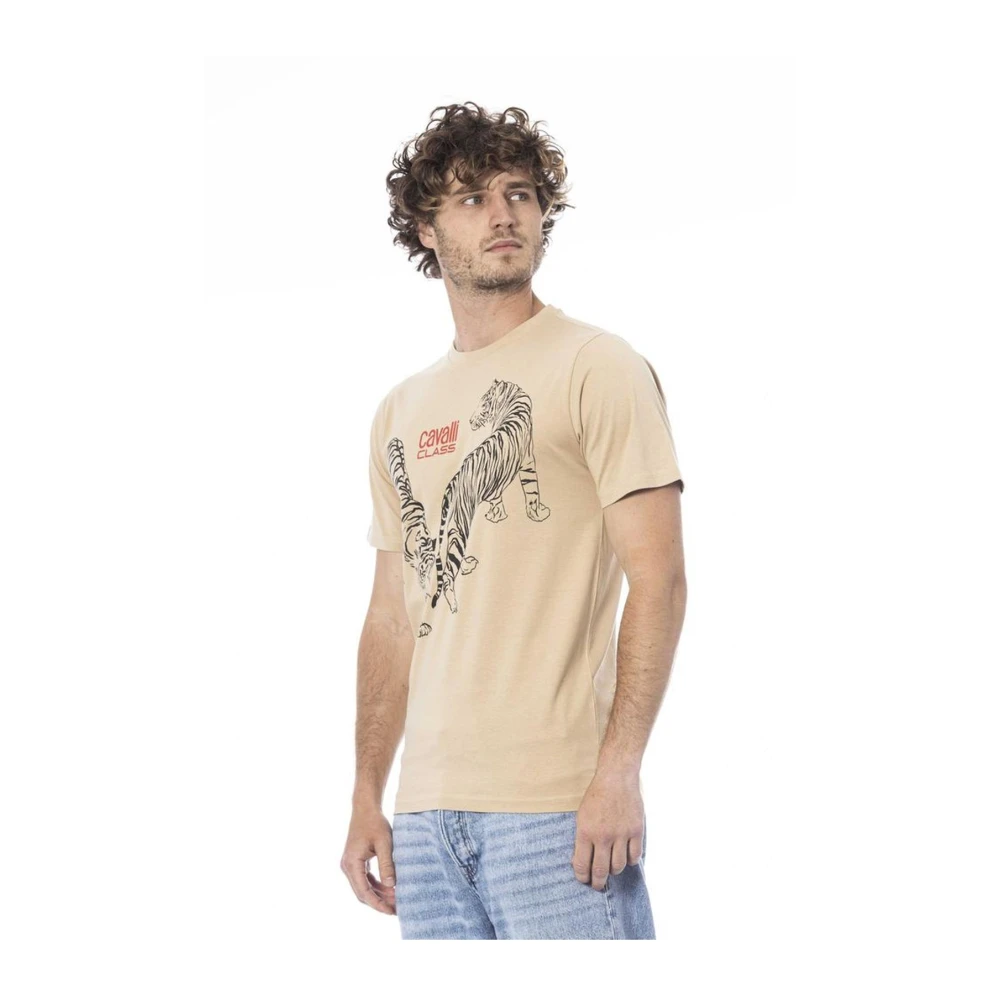 Cavalli Class Logo Crewneck Cotton T-Shirt Beige Heren