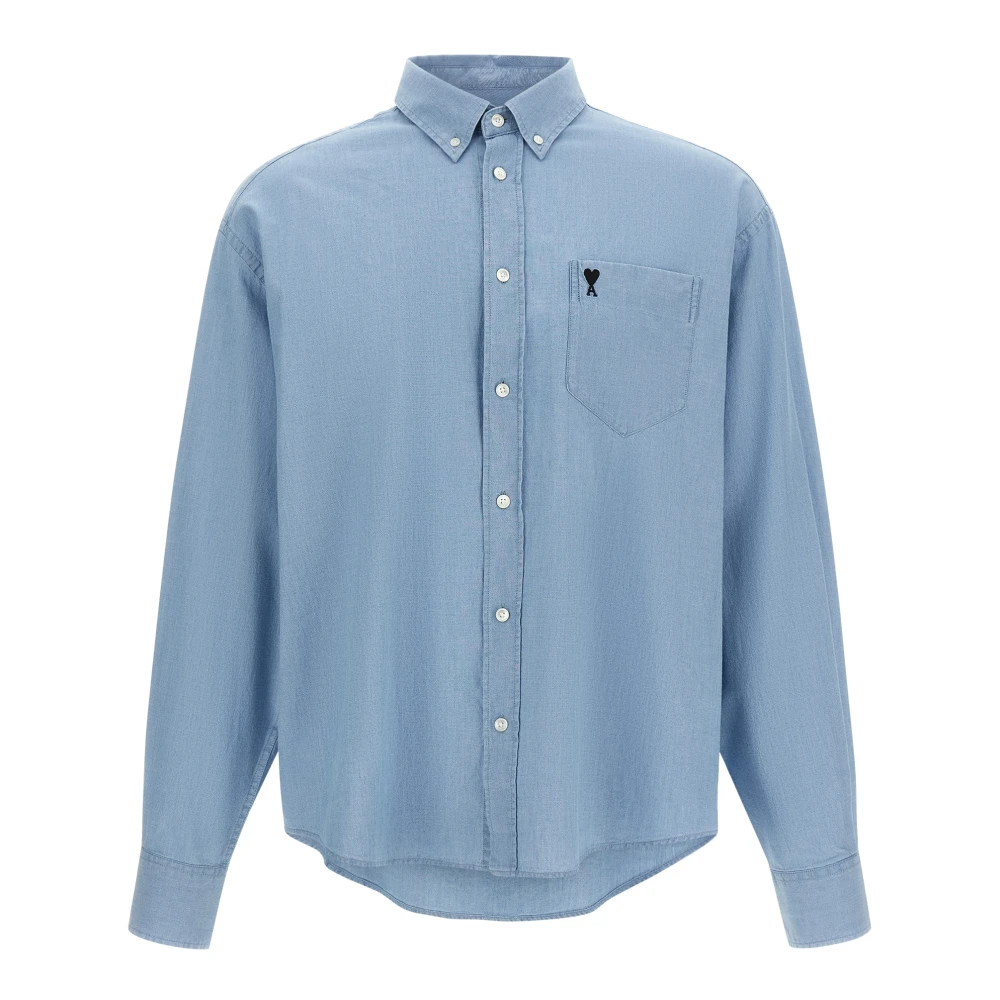 Ami Paris Blå Denim-Effekt Oxford Bomullsskjorta