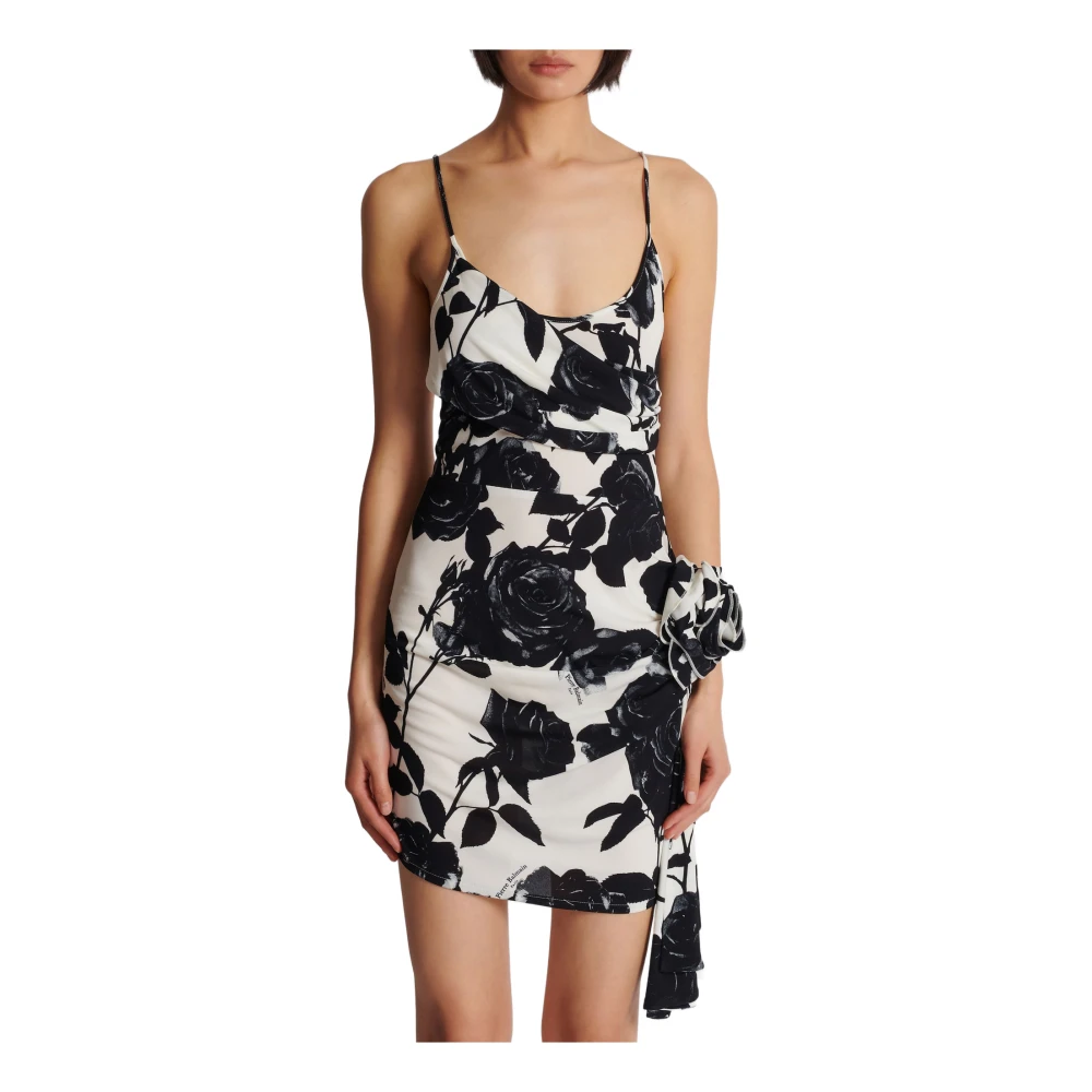 Balmain Korte jurk met rozenprint Black Dames