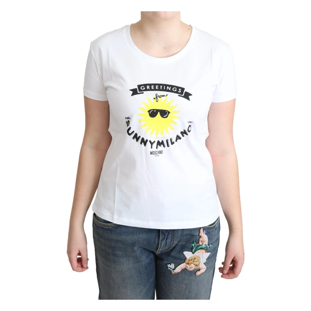 Moschino Women's White T-Shirts, Xl, Sunny Milano Print Cotton Tee