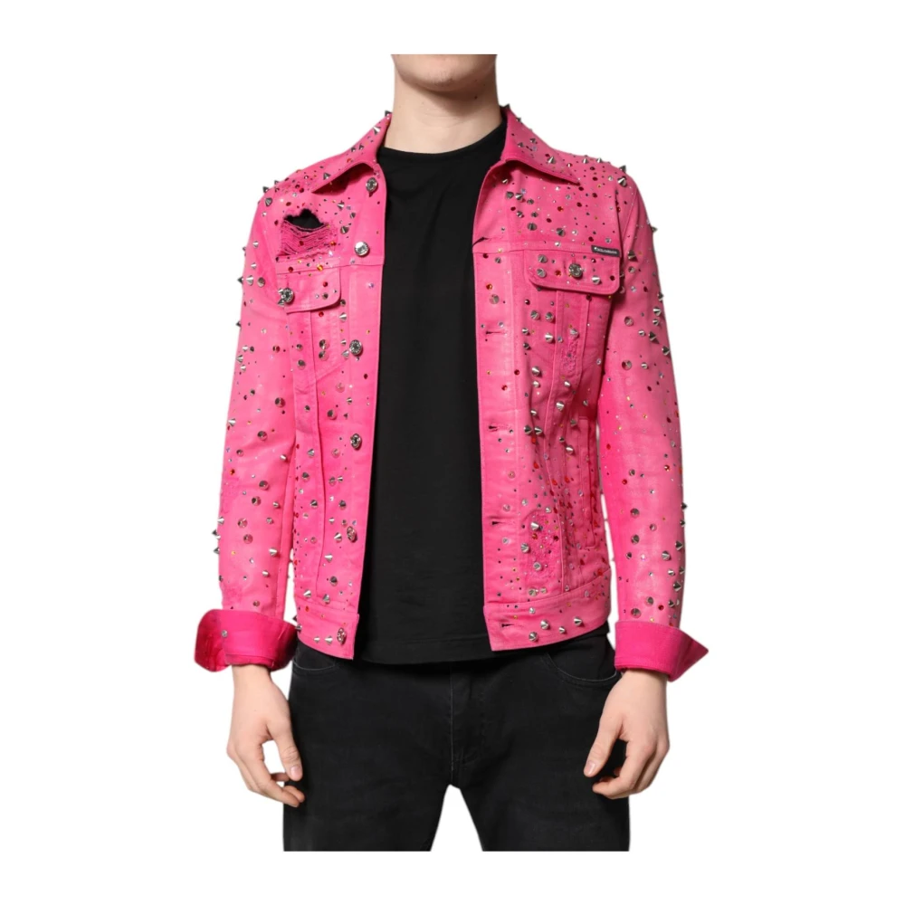 Dolce & Gabbana Men's Pink Crystal Embellished Denim Jacket