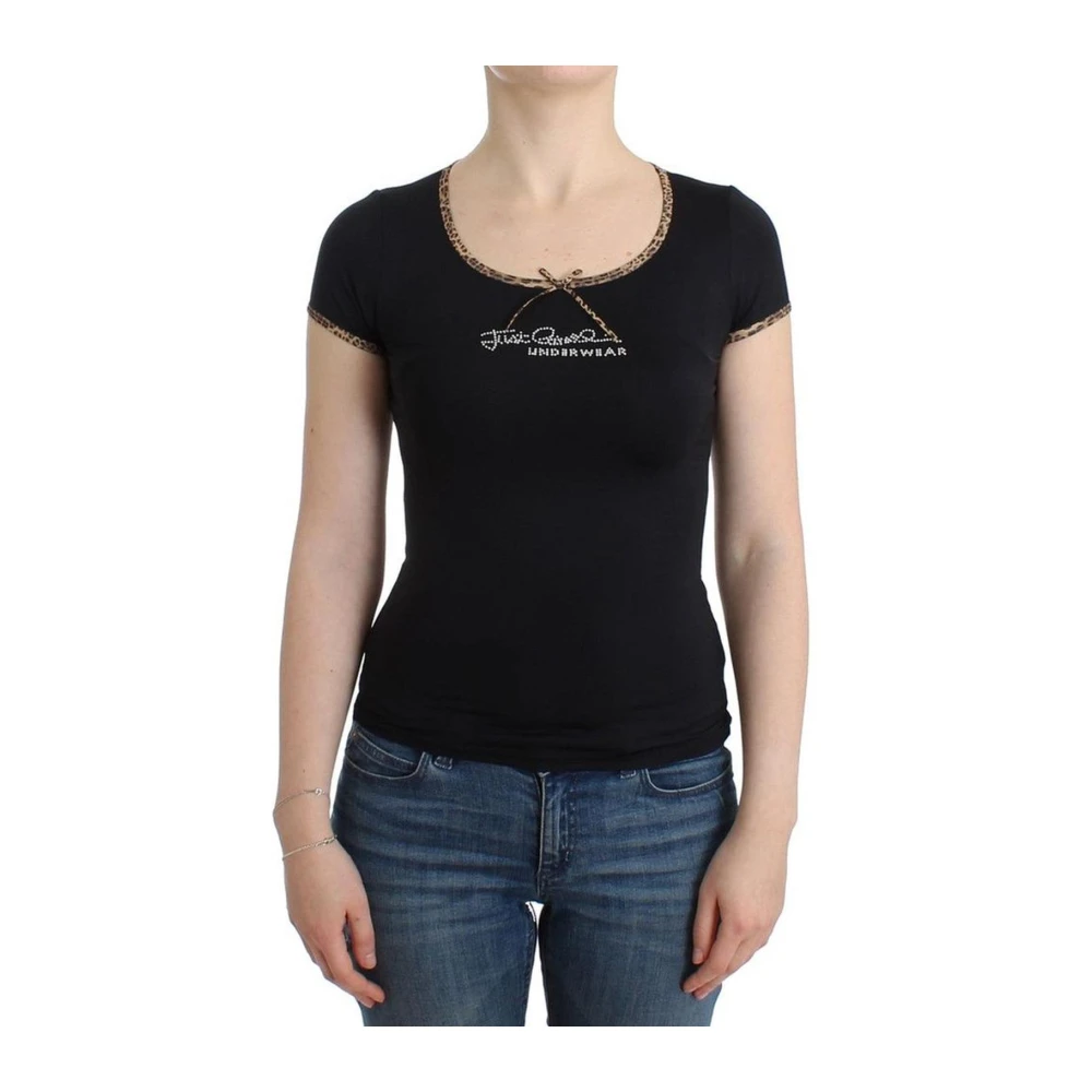 Roberto Cavalli T-shirt met luipaardprint en ronde hals Black Dames