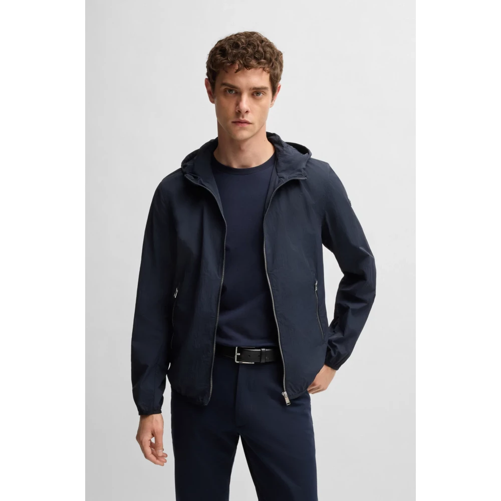 Boss Men's Blue Water-Repellent Crinkled Fabric Jacket With Adjustable Hood