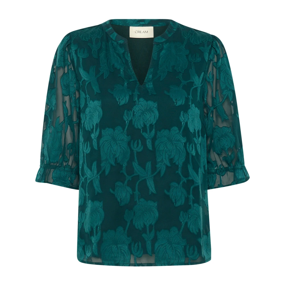 Cream Women's Green Blouses,, Lace Blouse With Puff Sleeves Extra Large
