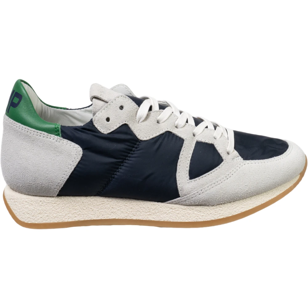 Philippe Model Grå Mocka och Blå Tyg Låga Sneakers med Grön Detalj Gray, Dam