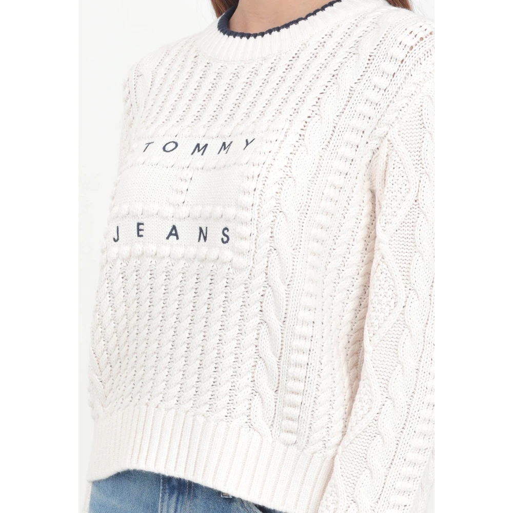 Tommy Jeans Crème Kabel Gebreide Crew-Neck Sweater White Dames