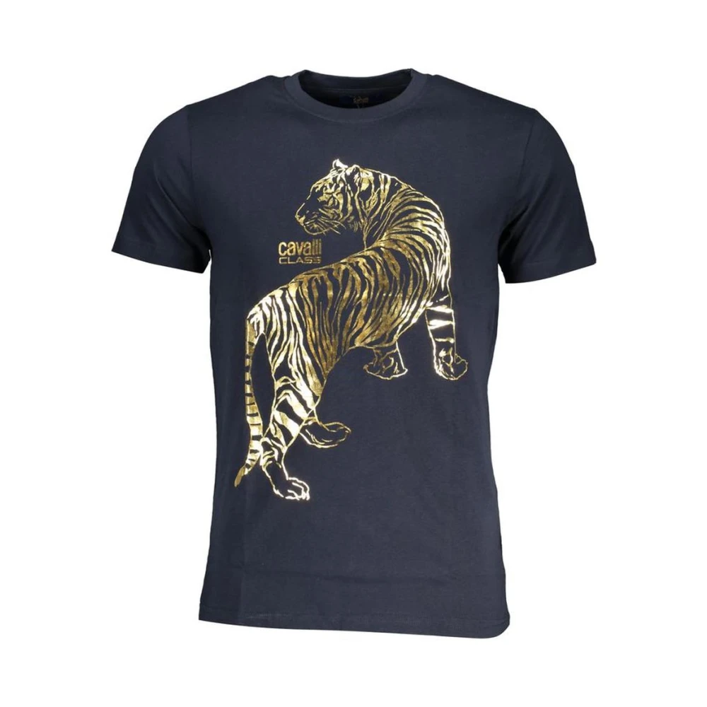 Cavalli Class Men's Blue T-Shirts, Xl, Tiger Print Casual T-Shirt