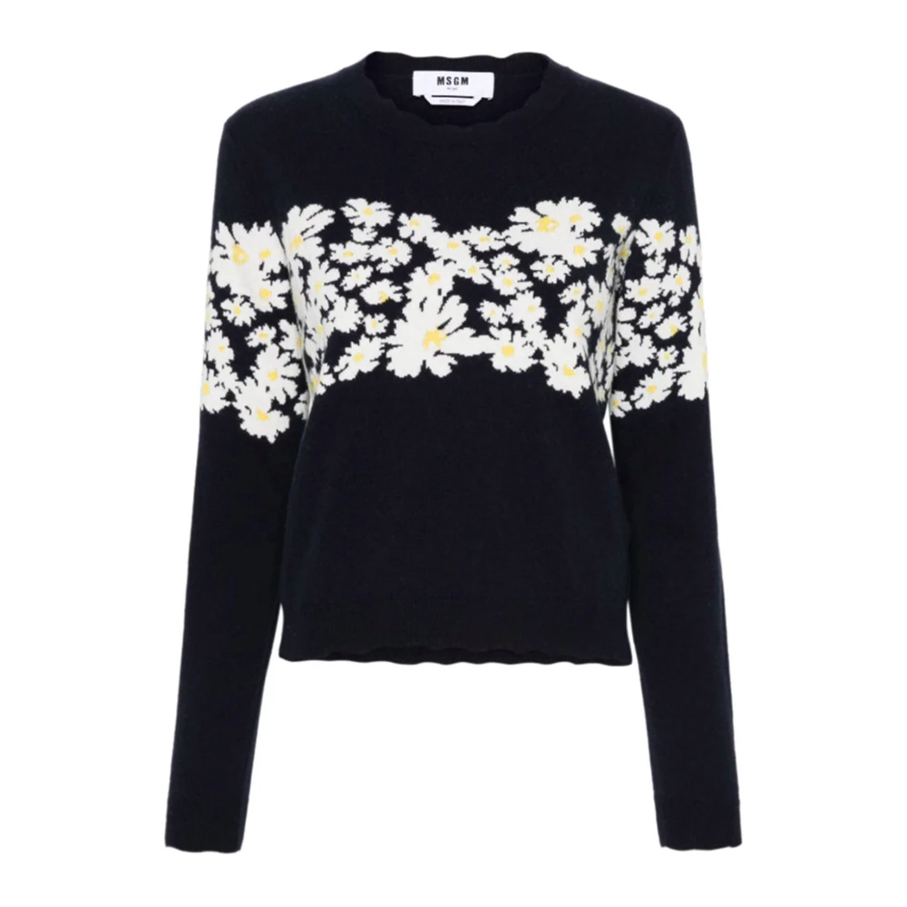 Msgm Navy Blauw Bloemen Gebreide Trui Blue Dames