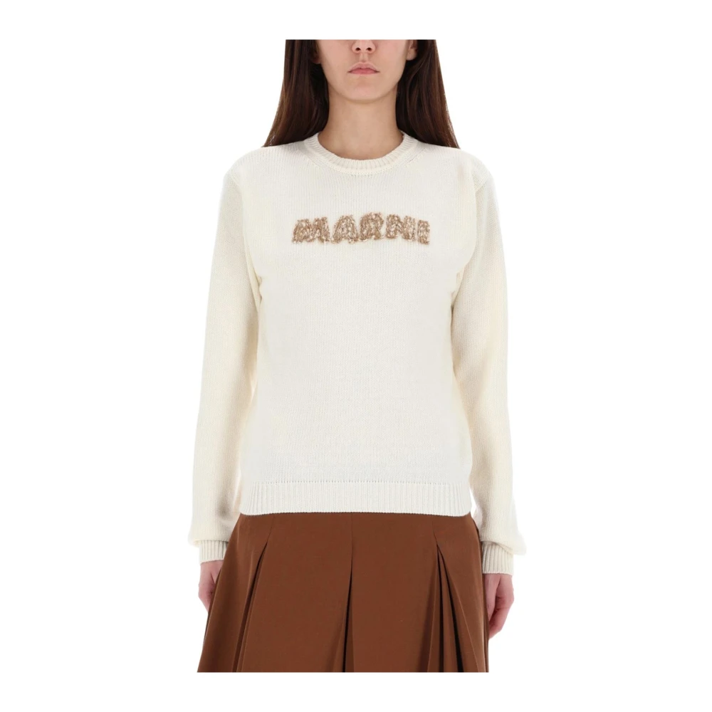 Marni Donna Beige - Maglione Girocollo Con Logo Ricamato - Knitwear - S
