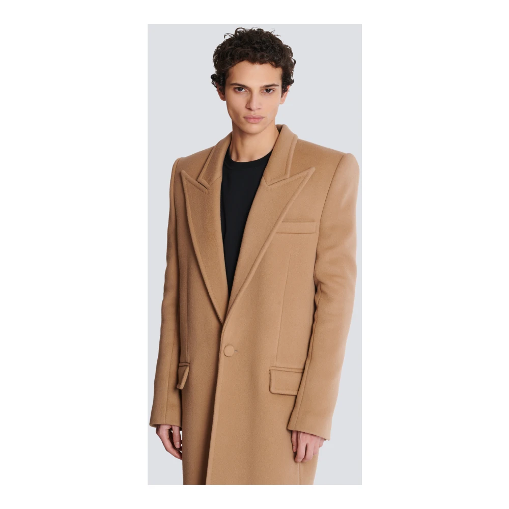 Balmain Lange Jas van Wol en Kasjmier Brown Heren