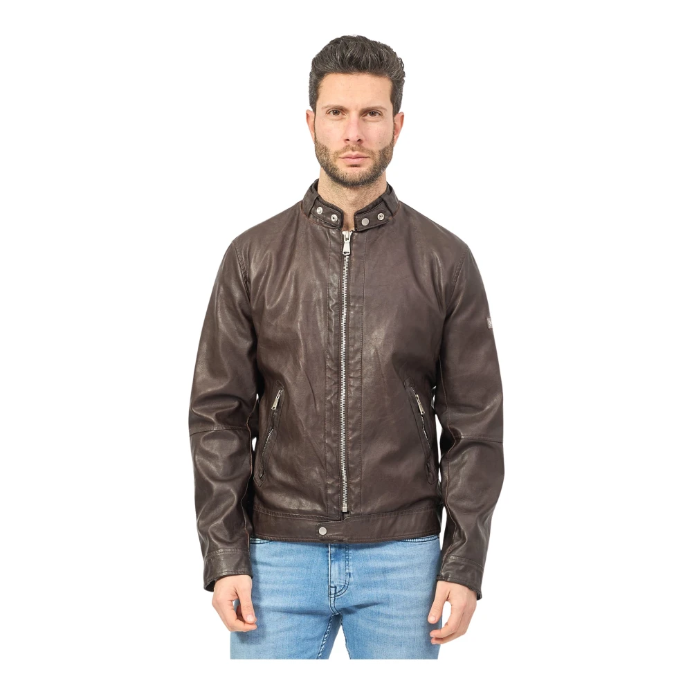 YES ZEE Bruine Leren Jas Fullzip Knopen Zakken Brown Heren