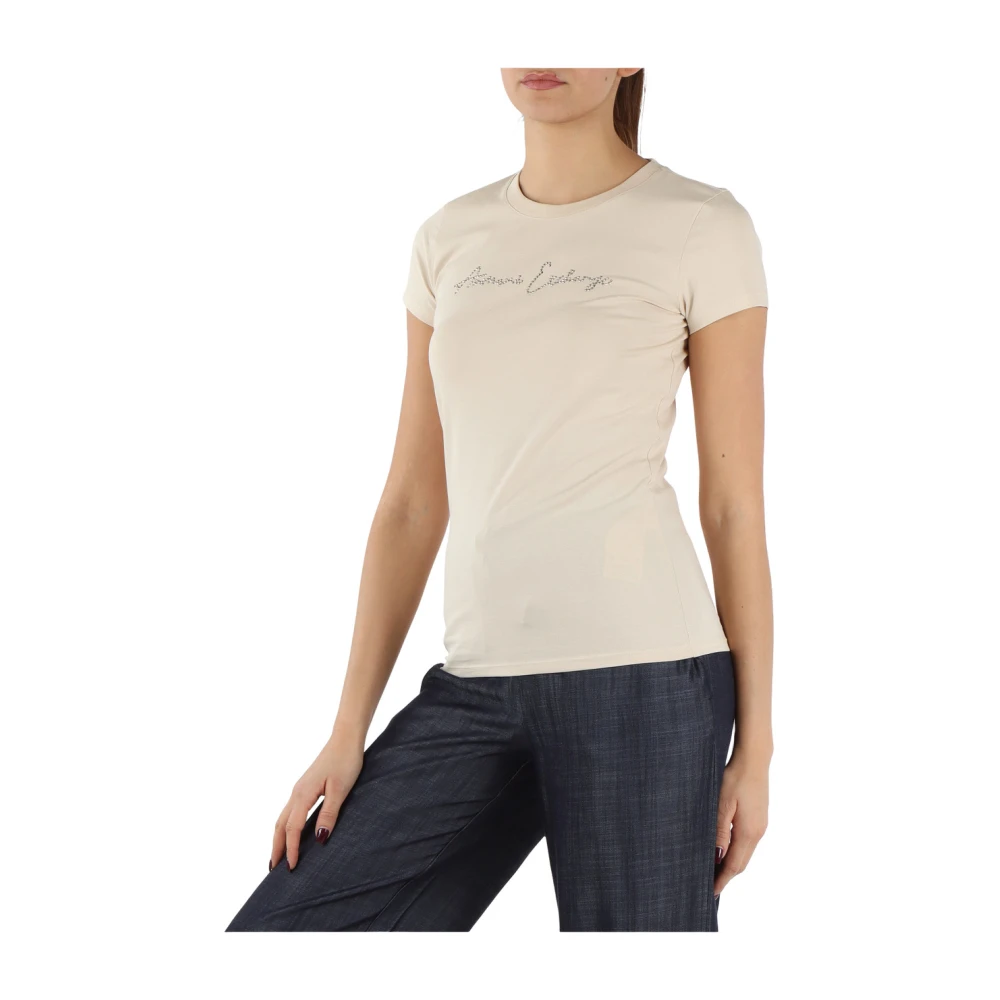 Armani Exchange Stretch katoenen T-shirt met voorlogo Beige Dames