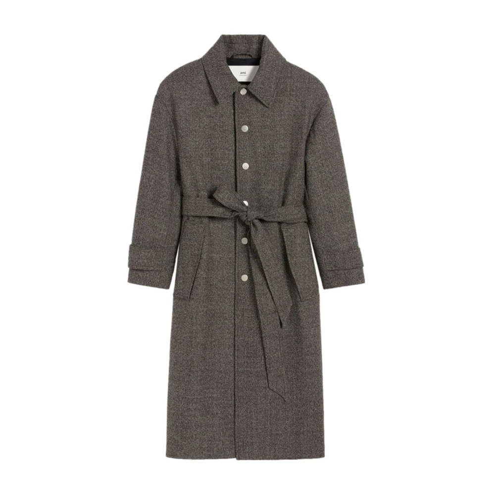Ami Paris Bruine Gespikkelde Trenchcoat met Zilveren Knopen Gray Heren