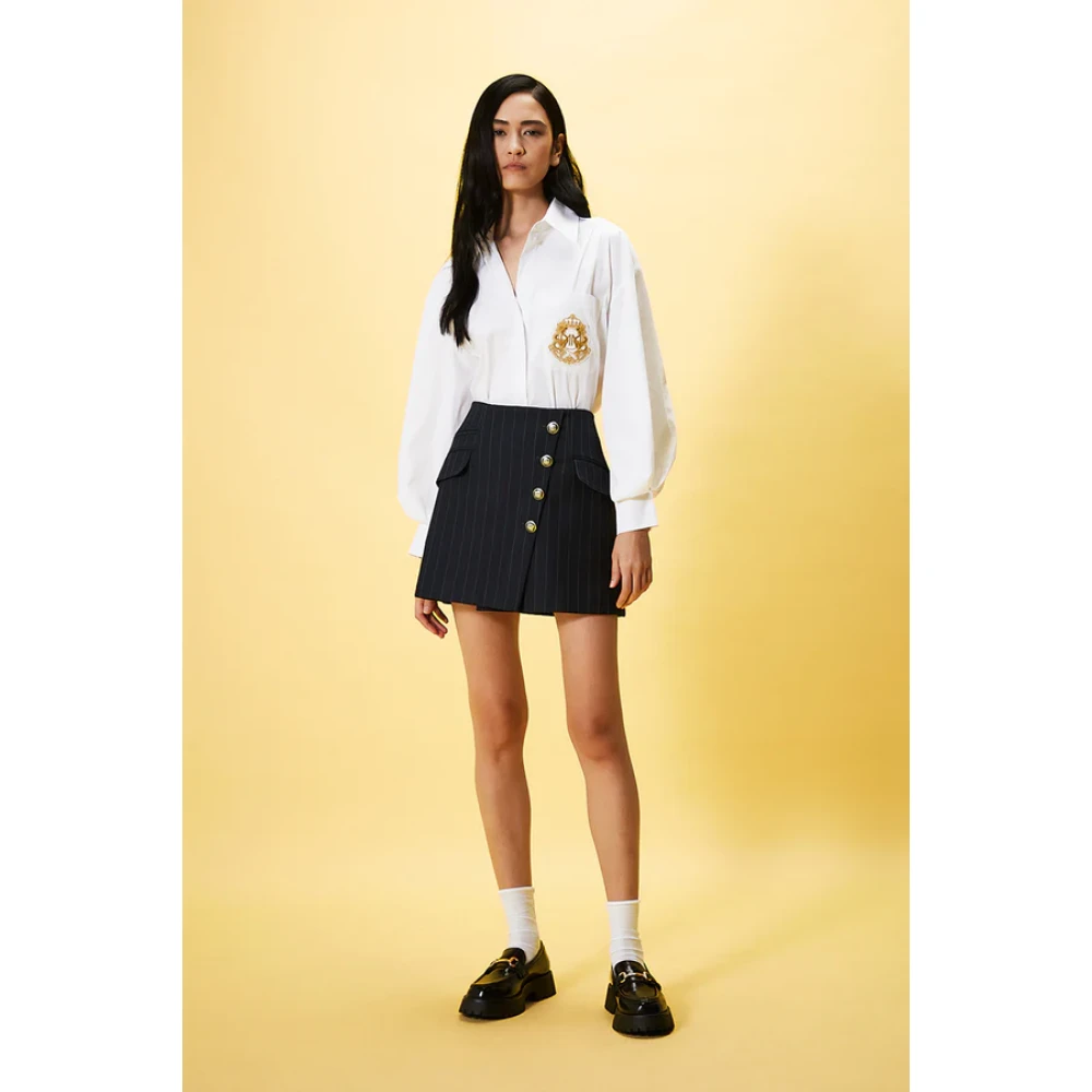 Nenette Blauwe Regimental Mini Rok met Zijknopen Blue Dames