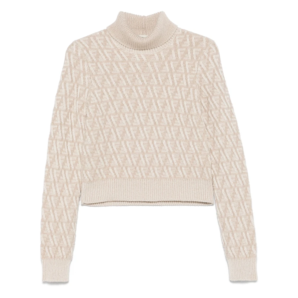 Fendi Women's White Turtlenecks, 2XS, Jacquard Jumper Ribbed High-Turtleneck