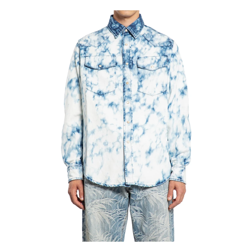 Palm Angels Lichtblauwe Denim Shirt Bubble Print Blue Heren