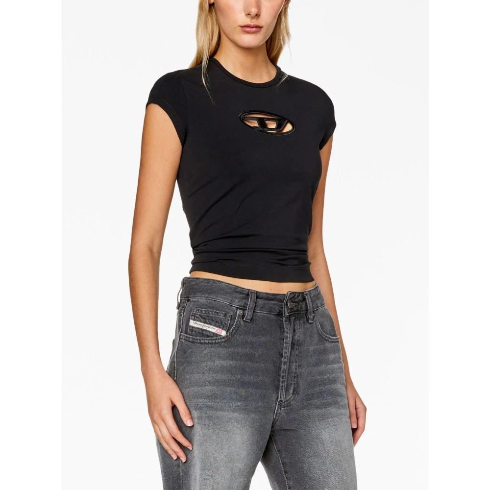 Diesel T-shirt met uitsnijding en logopatch Black Dames