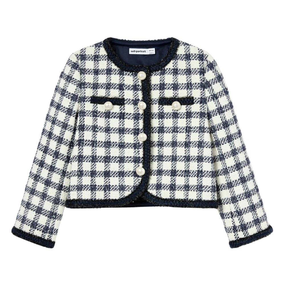Self Portrait Girls Blue Light Jackets, 10 Y, Check Boucle Jacket