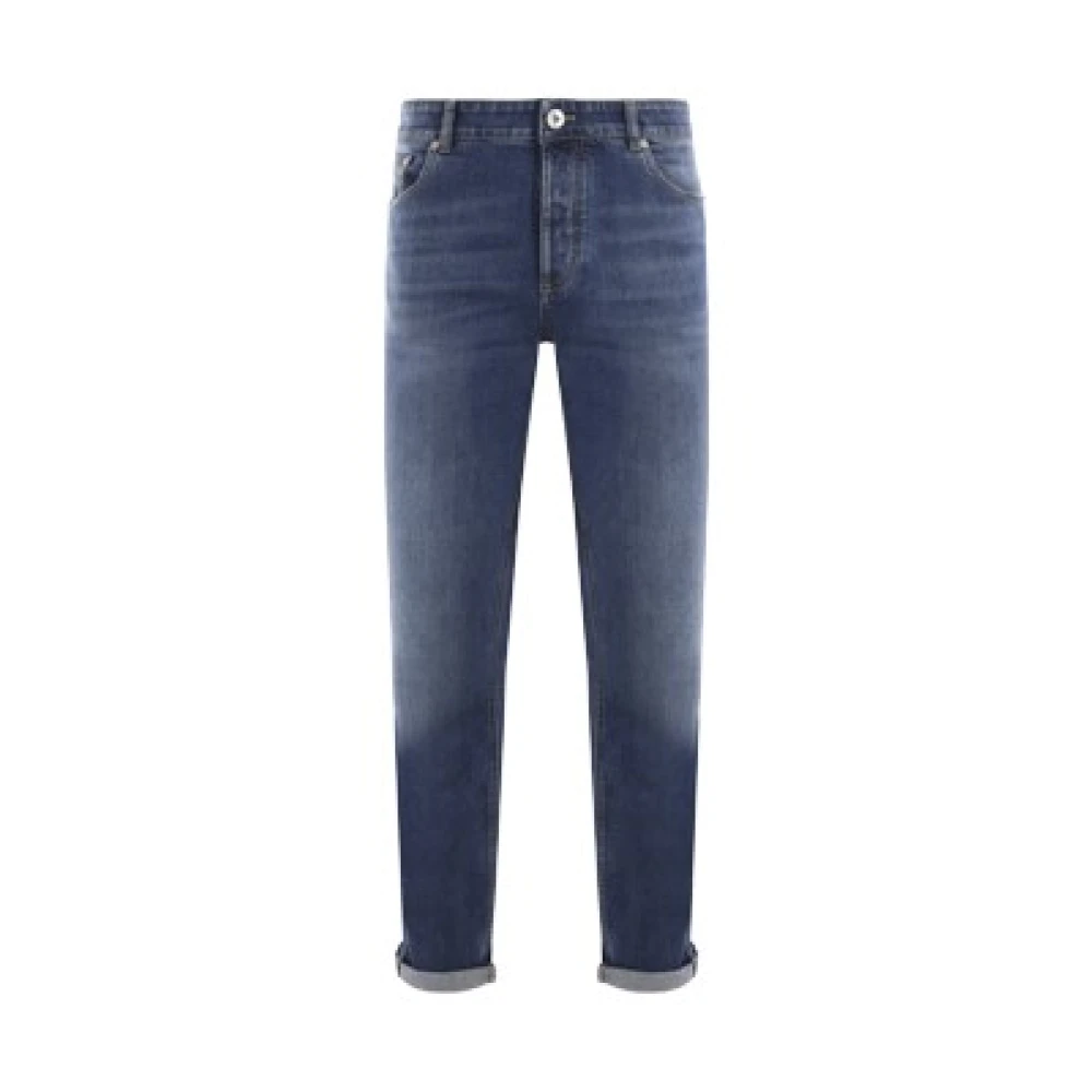 BRUNELLO CUCINELLI Blauwe Denim Regular-Fit Jeans met Logo Borduursel Blue Heren