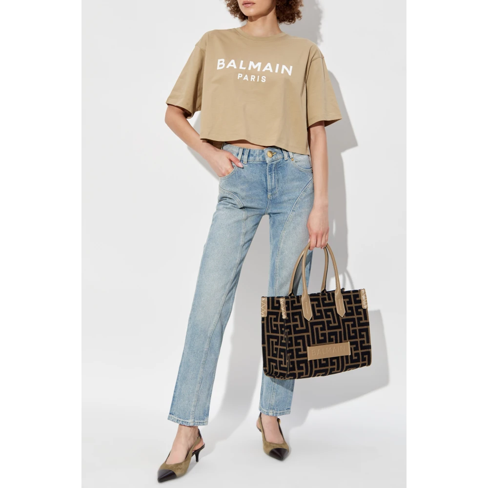Balmain Korte T-shirt met bedrukt logo Beige Dames