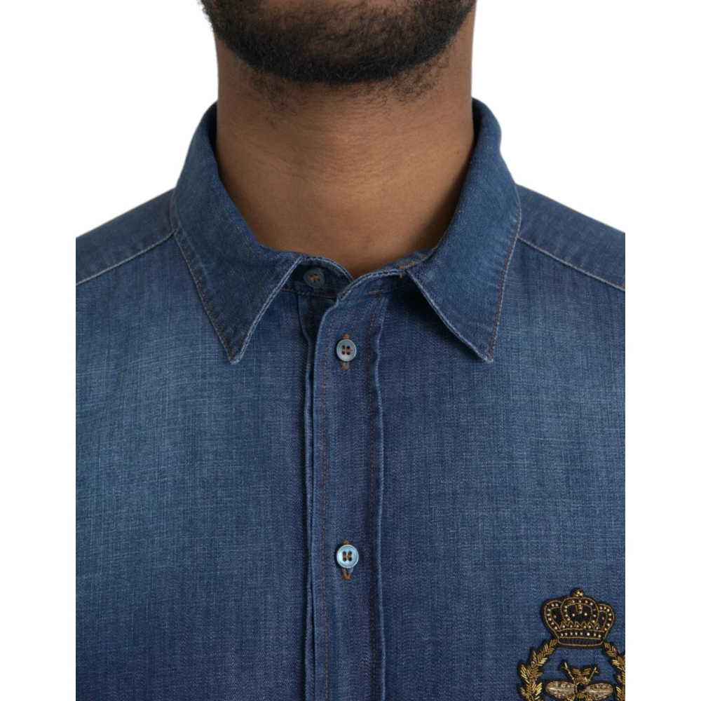 Dolce & Gabbana Blauw Kroon Bij Denim Shirt Blue Heren