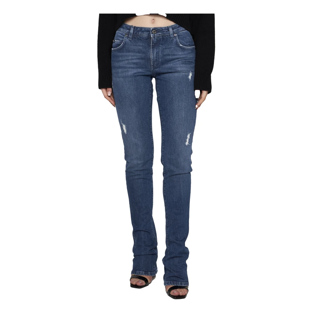 Dolce & Gabbana Slim-Cut Ripped Jeans met Logo Detailing Blue Dames