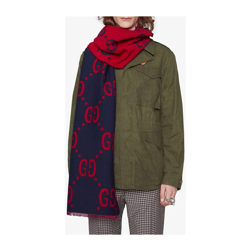 Gucci Blauw en rood Jacquard zijden en wollen sjaal Blue Heren