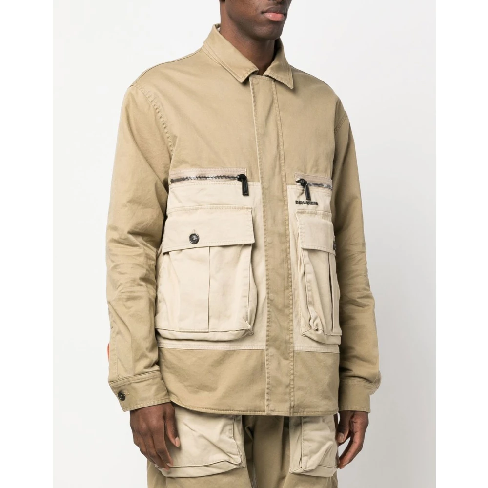 Dsquared2 Gewatteerde Coach Jas Taupe Rits Sluiting Beige Heren