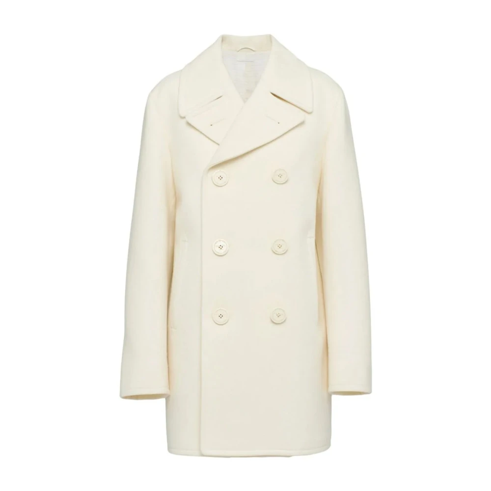 Prada White Double-Breasted Coats, Female, L, Wool Double-Breasted Coat