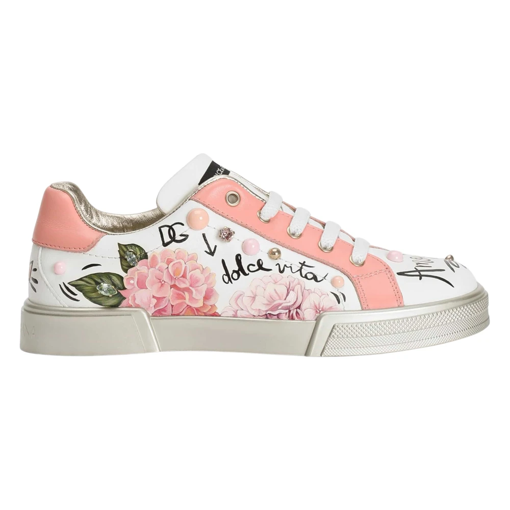 Dolce & Gabbana Girls Leather Hydrangea Trainers In Pink - Female - Kids Sneakers - Multicolor - 38 Eu - Kids