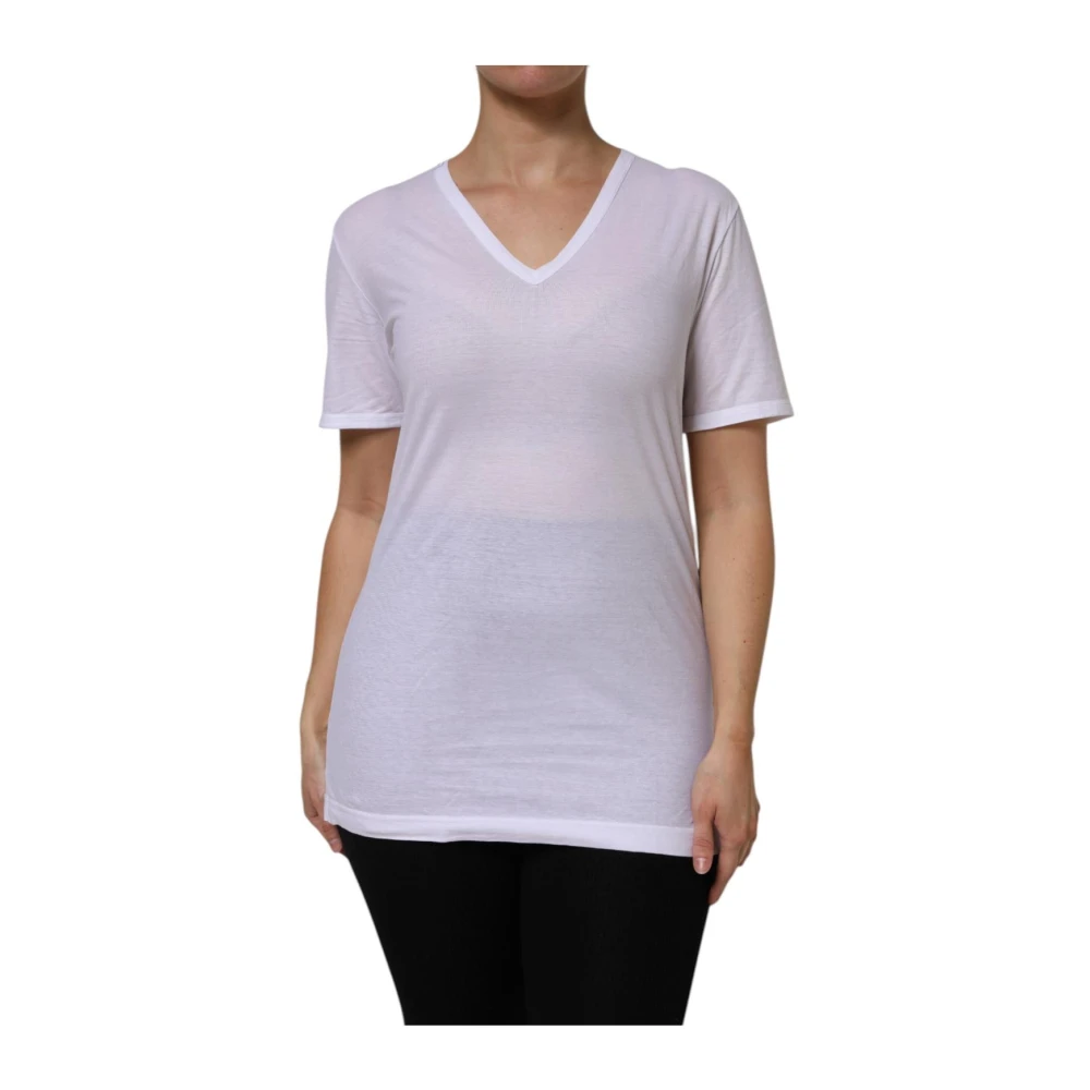 Dolce & Gabbana White Cotton Logo V-Neck T-Shirt - Female - T-Shirts - S - Tops