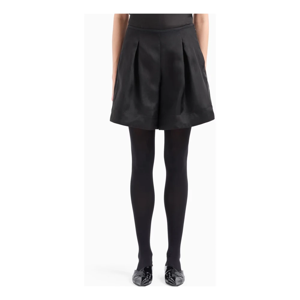 Emporio Armani Zwarte Zijden Organza Geplooide Shorts Black Dames