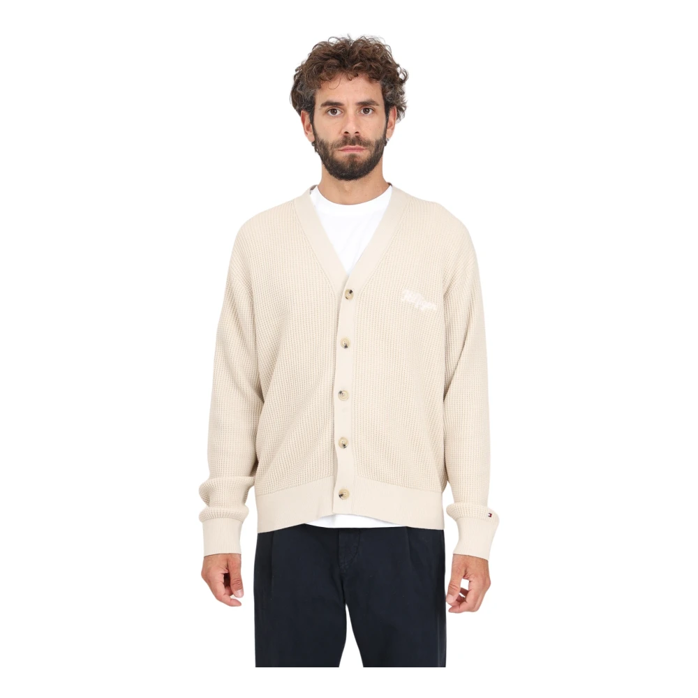 Tommy Hilfiger Men's Beige Cardigans, L, Cardigan With Honeycomb Texture