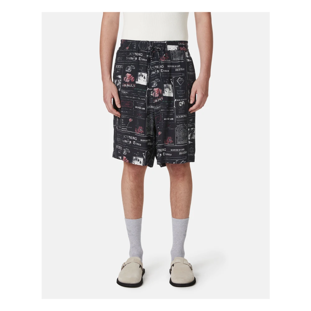 Iceberg Ecovero Viscose Relaxed Fit Bermuda Shorts met Allover Multi-Logo Print Multicolor Heren