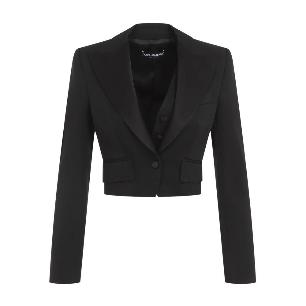 Dolce & Gabbana Gabardine Cropped Blazer Jas Peak Revers Black Dames