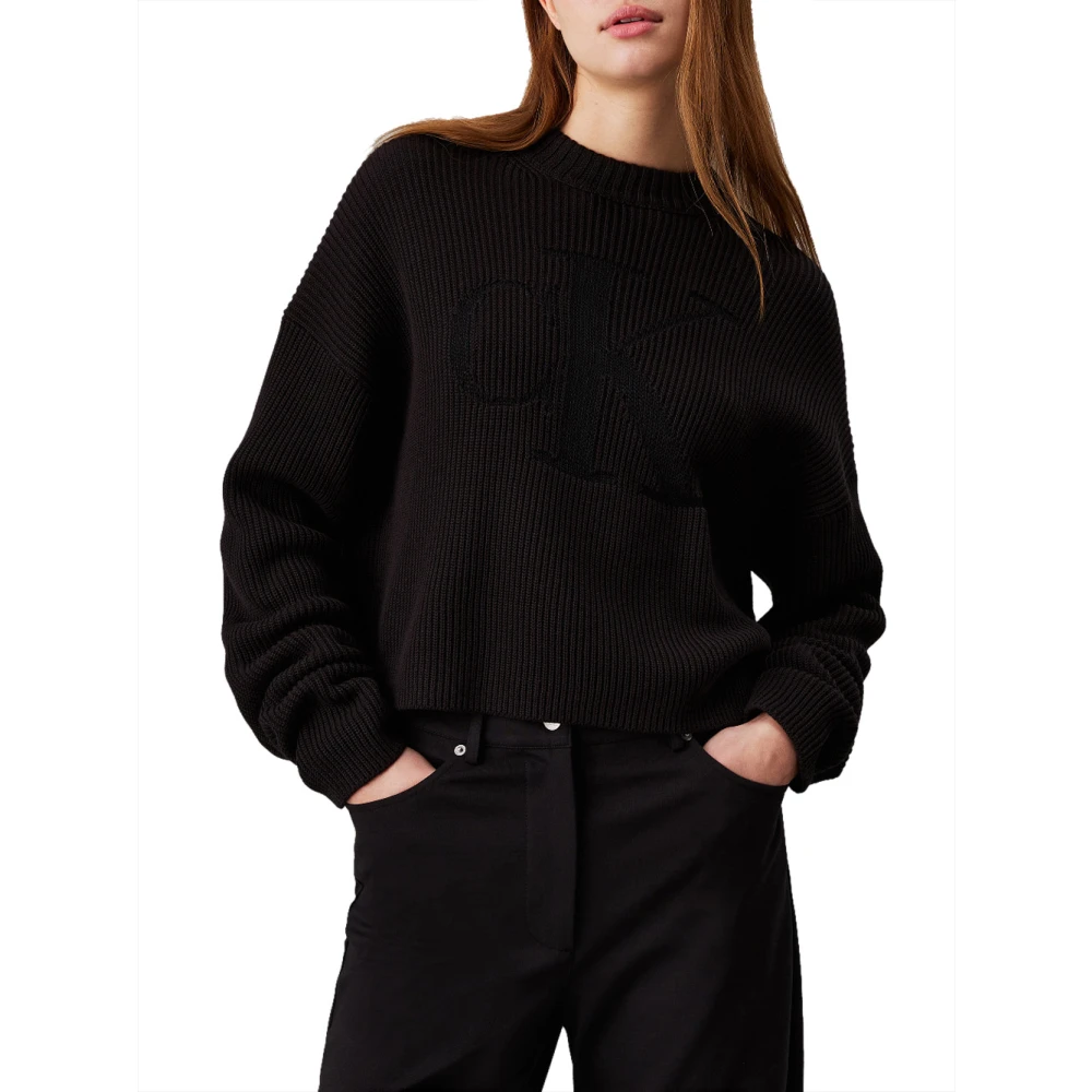 Calvin Klein Jeans Zwarte Geribbelde Logotrui Black Dames