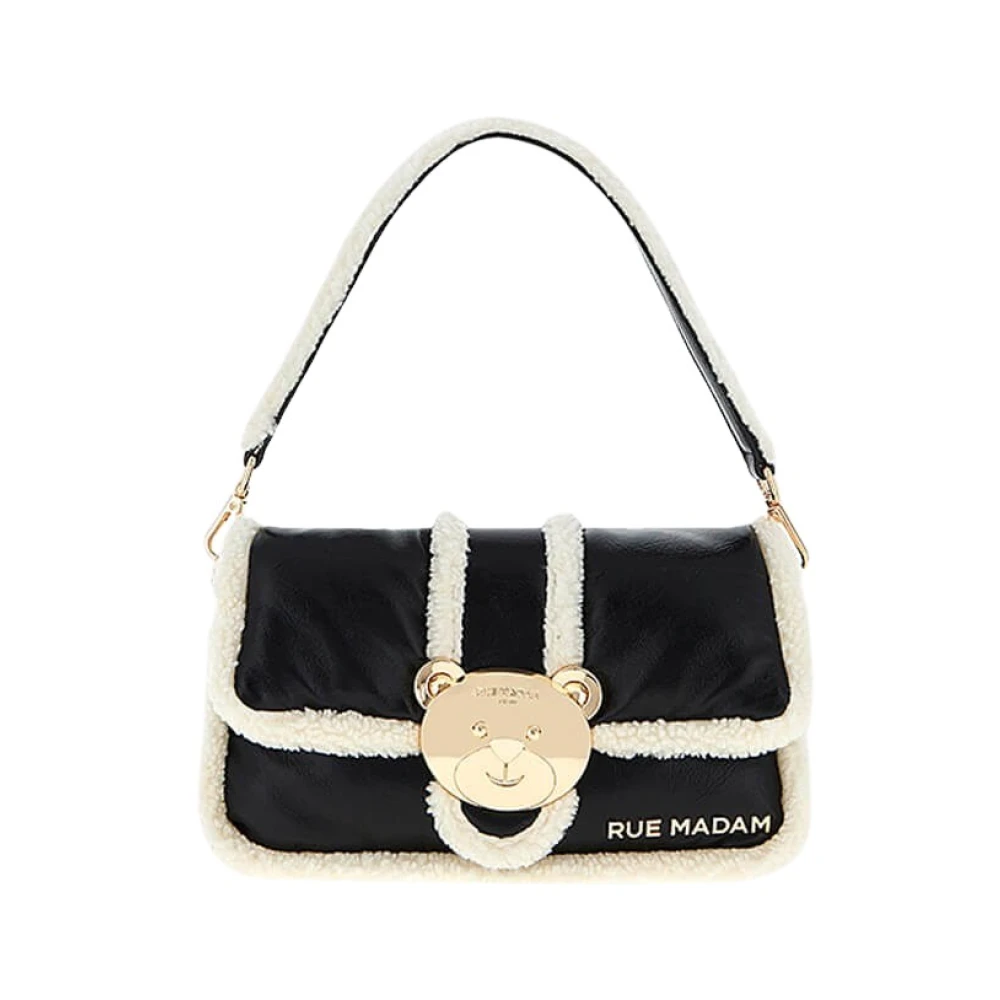 Rue Madam Zwarte vegan leren schoudertas met teddybeer sluiting Black Dames