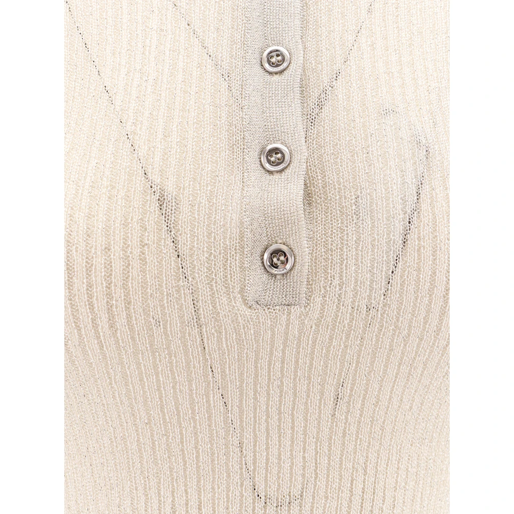 pinko Geribbelde Lurex Polo Shirt Beige Dames