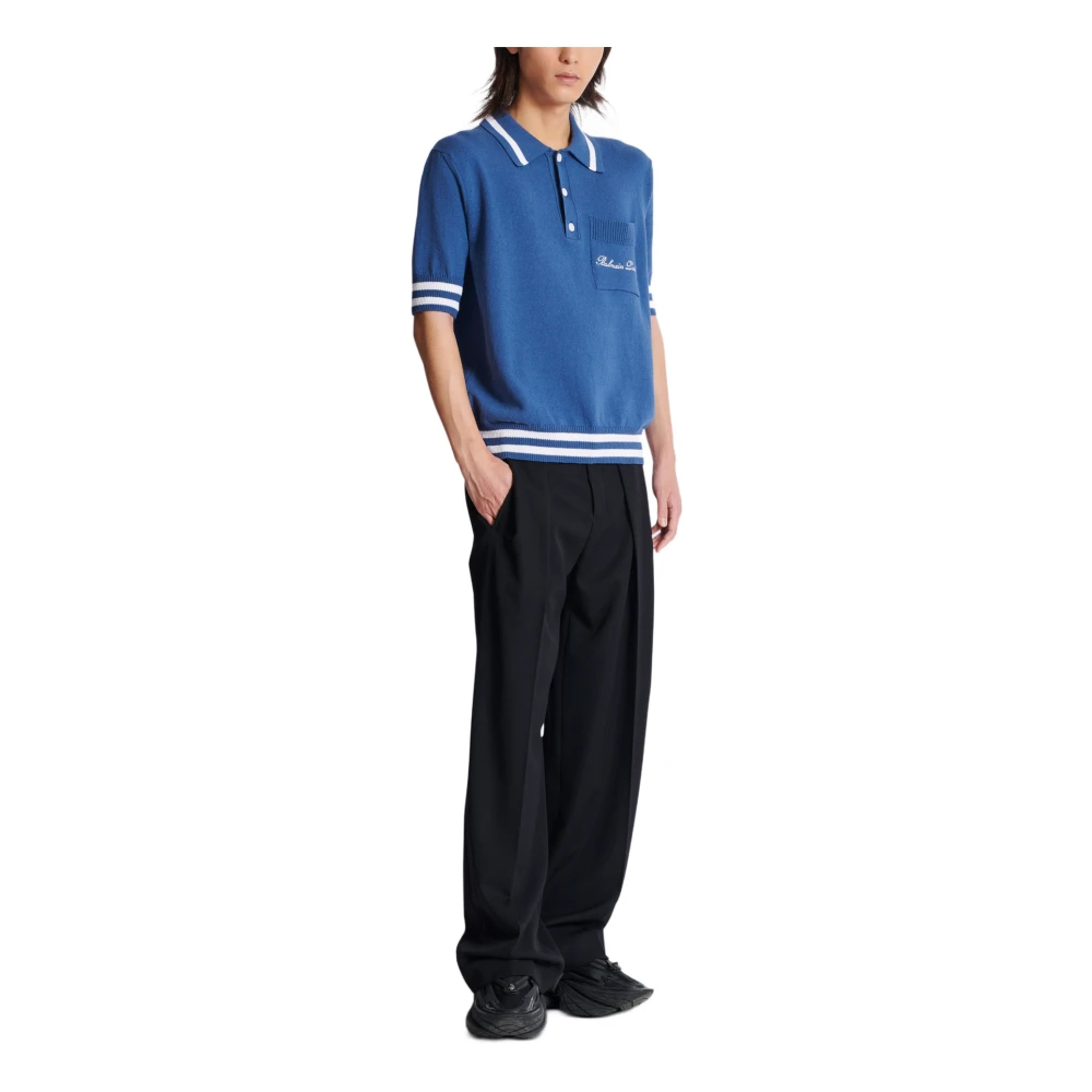 Balmain Katoen-linnen poloshirt met Balain Signature borduurwerk Blue Heren
