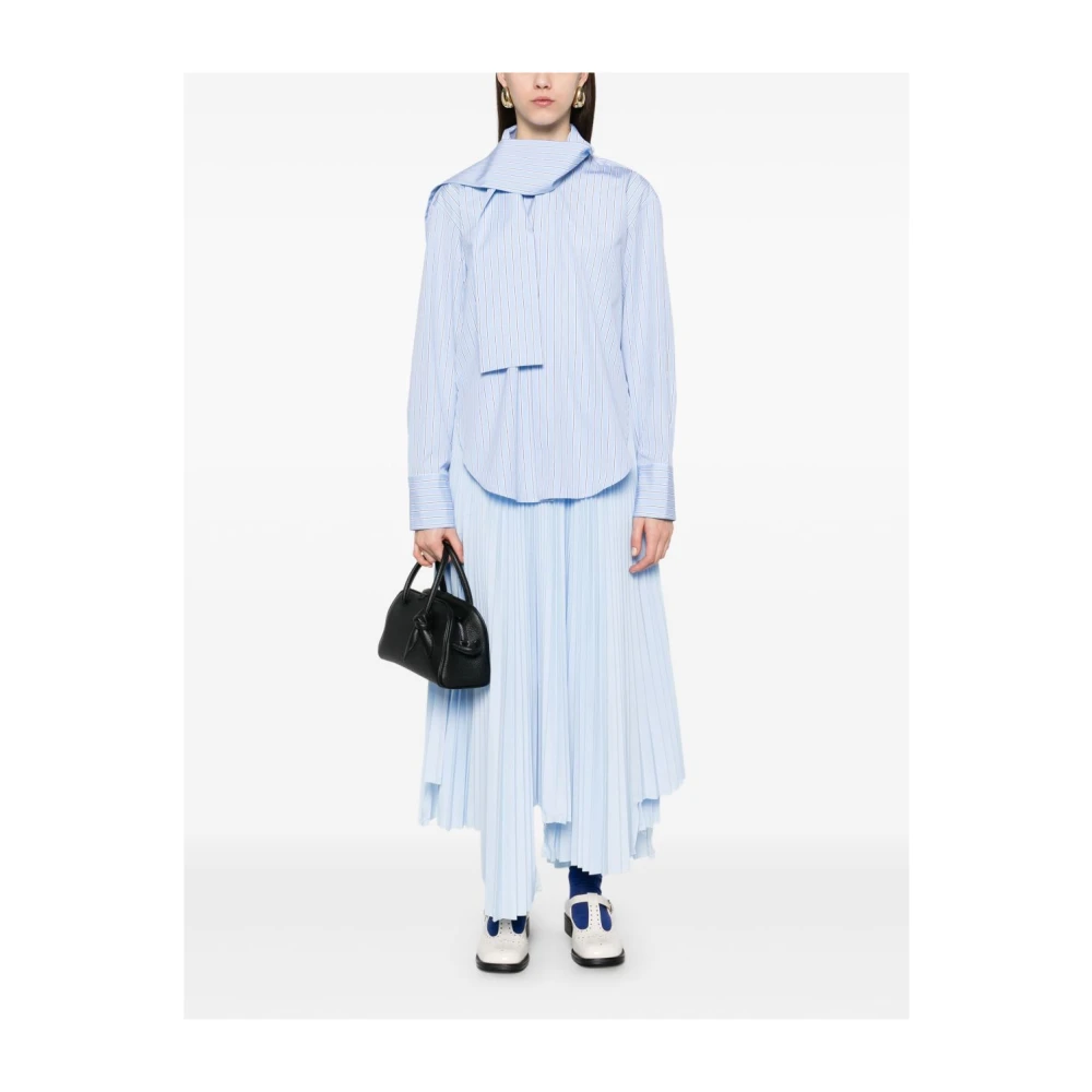 Plan C Blauw Gestreept Katoenen Overhemd met Sjaal Blue Dames