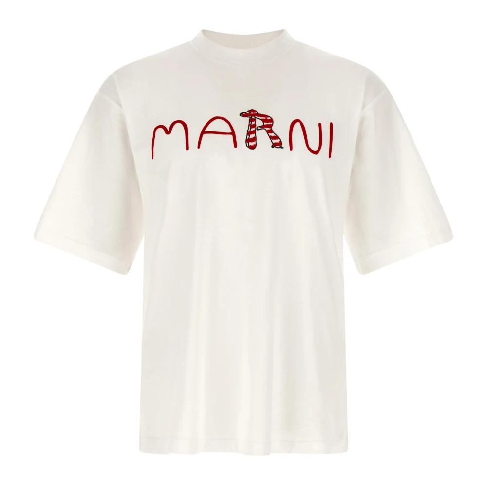 Marni Herr Vit Toppar Xl, Bomull, T-Shirt Med Flockat Djuralfabetslogo