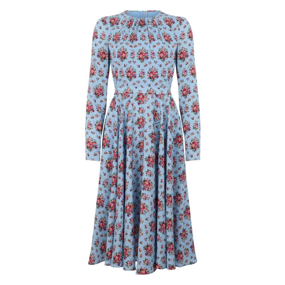 Dolce & Gabbana Vrouw Blauw Kleedjes Dames, S, Leer, Gebloemde Midi-Jurk Met Lange Mouwen