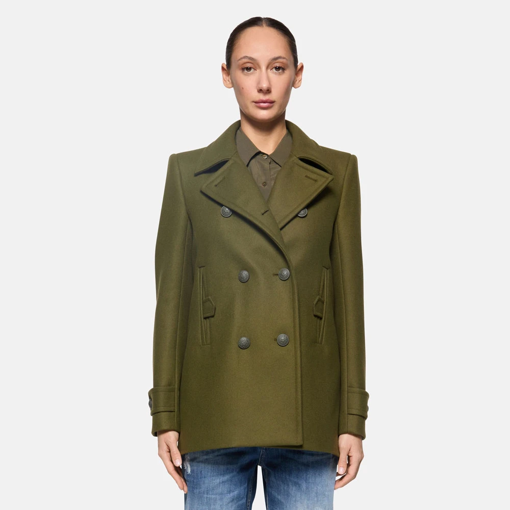 Dondup Dubbelrijige Peacoat met Cashmere Detail Green Dames