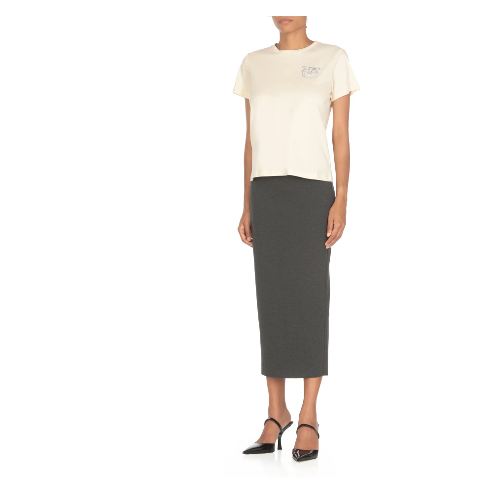 pinko Ivoor Katoenen T-shirt met Strass Logo Beige Dames